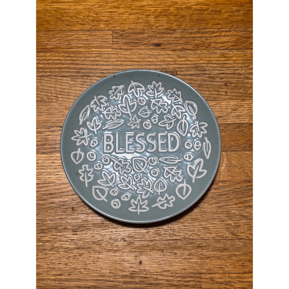 Holiday Home Harvest Blessed Salad Plate Sage Green Slate Blue Stoneware Leaf